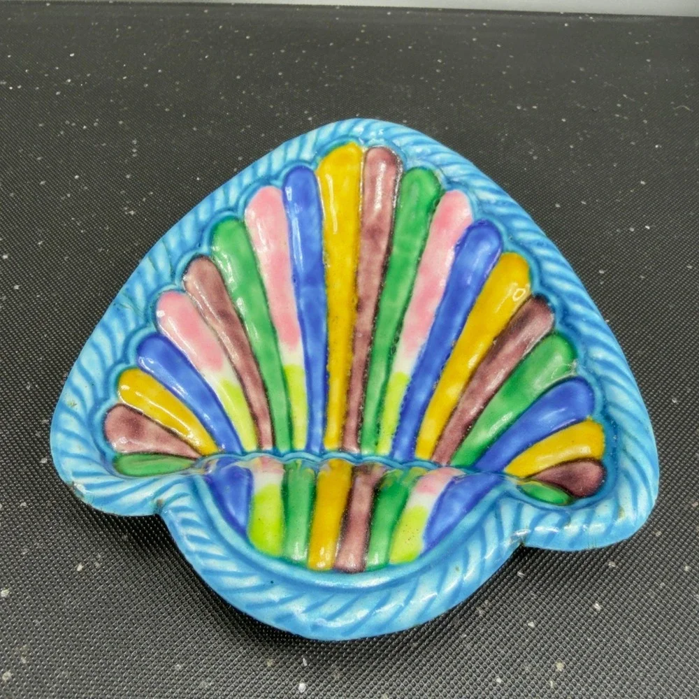 Vintage Enameled Metal Seashell Trinket Dish Multi Color Scallop Shell Tray Dish